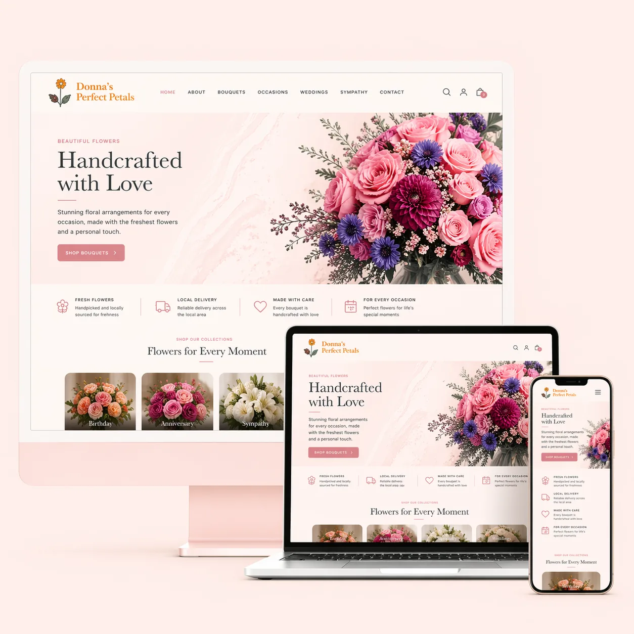 WordPress website design for Donna's Perfect Petals, a local florist