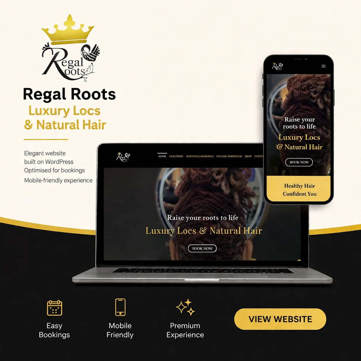 Homepage design for Regal Roots, a London locs and natural hair salon
